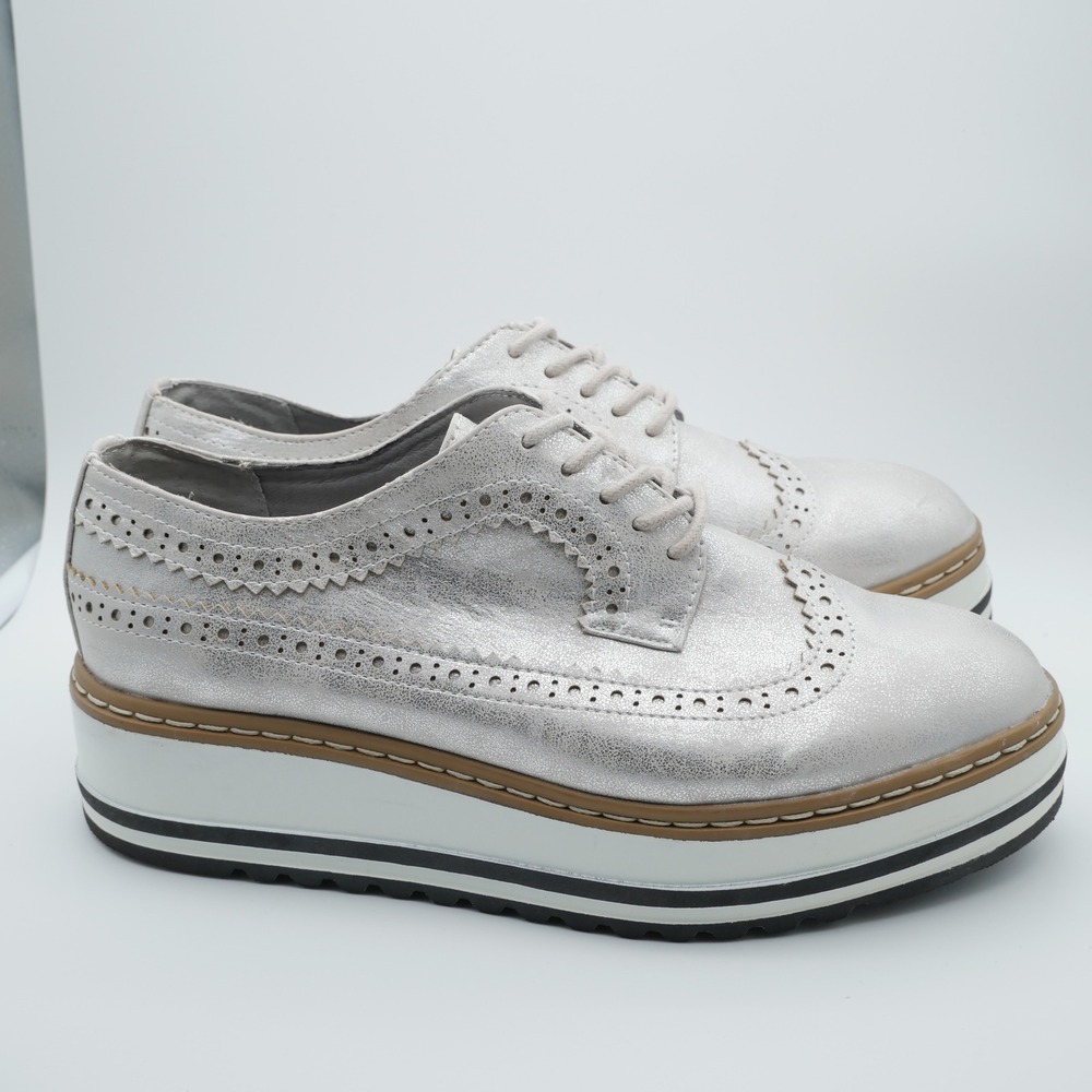 Seven Dials Bennett Silver Metallic Platform Wingtip Brogue Oxford Shoes 7.5M